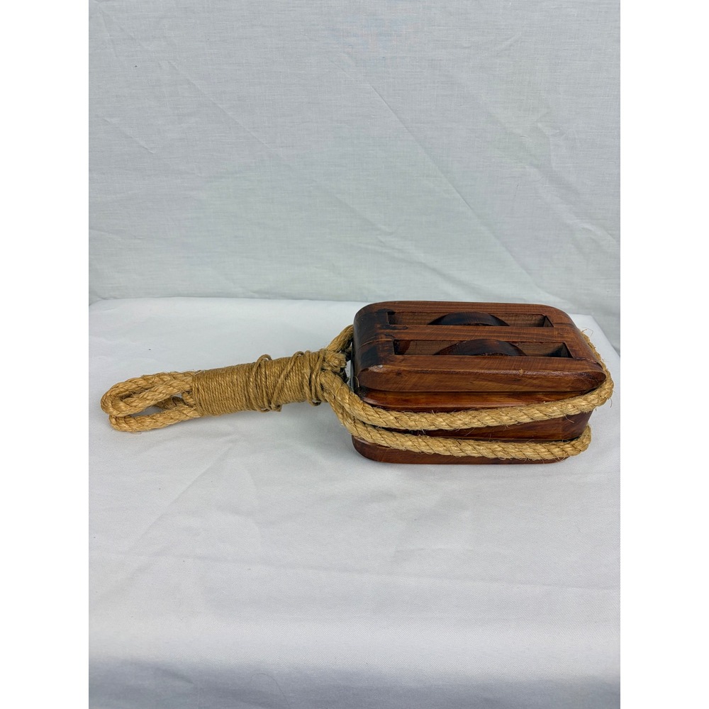 Vintage Wooden Double Pulley Block Nautical Decor Jute Rope Maritime Accent - Picture 3 of 6